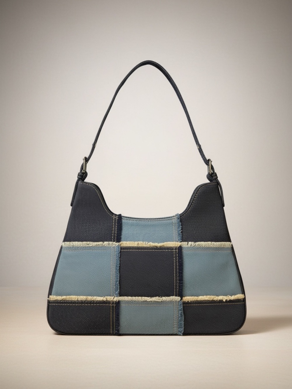 Jean Patch work Shoulder Bag in Navy and Slate Blue